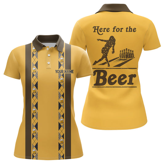 Personalisierte Gelbe Retro-Bowling-Poloshirts für Damen – Individuell „Here for the beer“ Bowling-Team-Trikots NQS6567