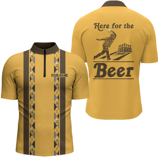 Personalisierte Gelbe Retro-Bowling-Quarter-Zip-Shirts für Herren – Individuell „Here for the beer“ Team-Trikots NQS6567