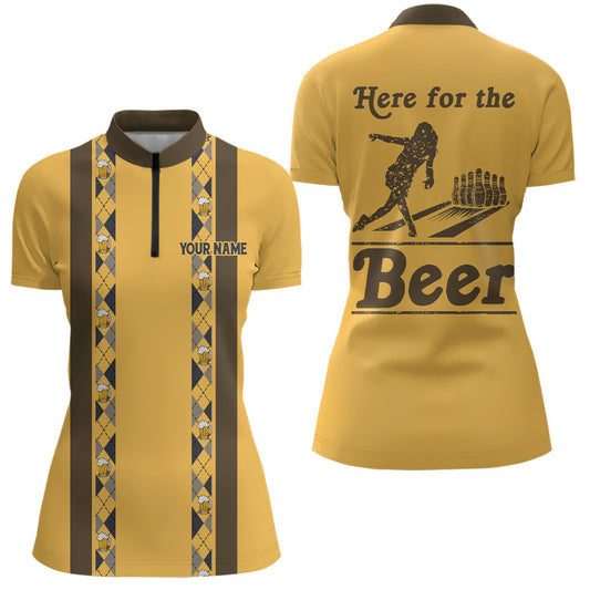 Personalisierte Gelbe Retro-Bowling-Quarter-Zip-Shirts für Damen – Individuell „Here for the beer“ Team-Trikots NQS6567