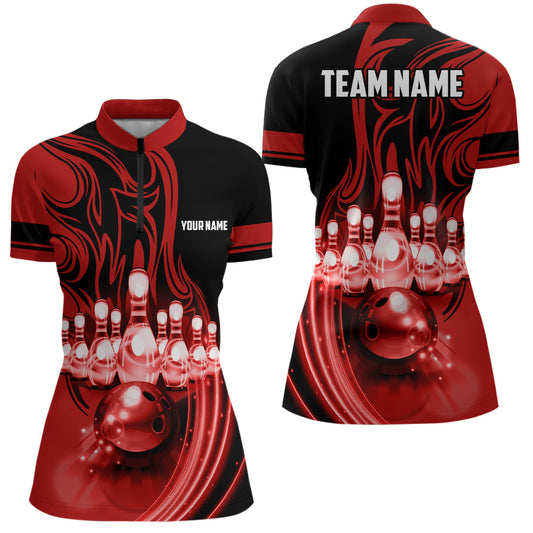 Bowlingkugel & Pins Rotlicht Trikots – Individuelle Team-Liga-Bowling-Quarter-Zip-Shirts für Damen NQS6579