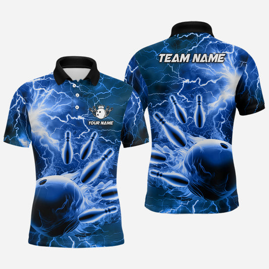 Herren-Bowling-Poloshirts – Individuelle Blaue Blitz-Donner Bowling-Team-Trikots, Geschenk für Team-Bowler NQS6582