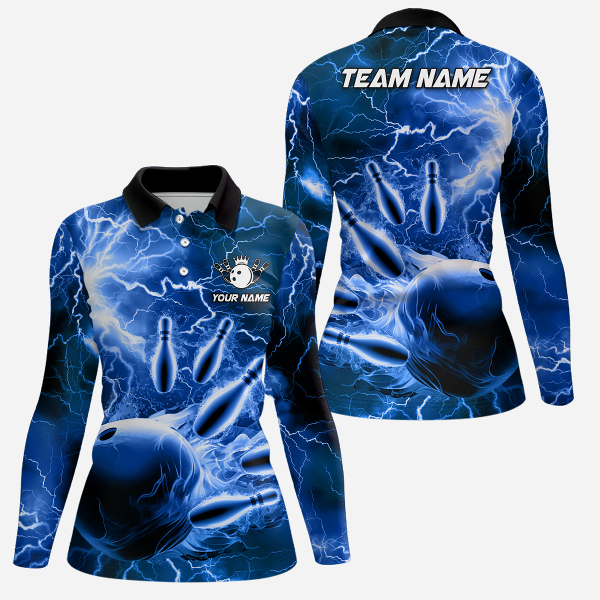 Damen-Bowling-Poloshirts – Individuelle Blaue Blitz-Donner Bowling-Team-Trikots, Geschenk für Team-Bowler NQS6582