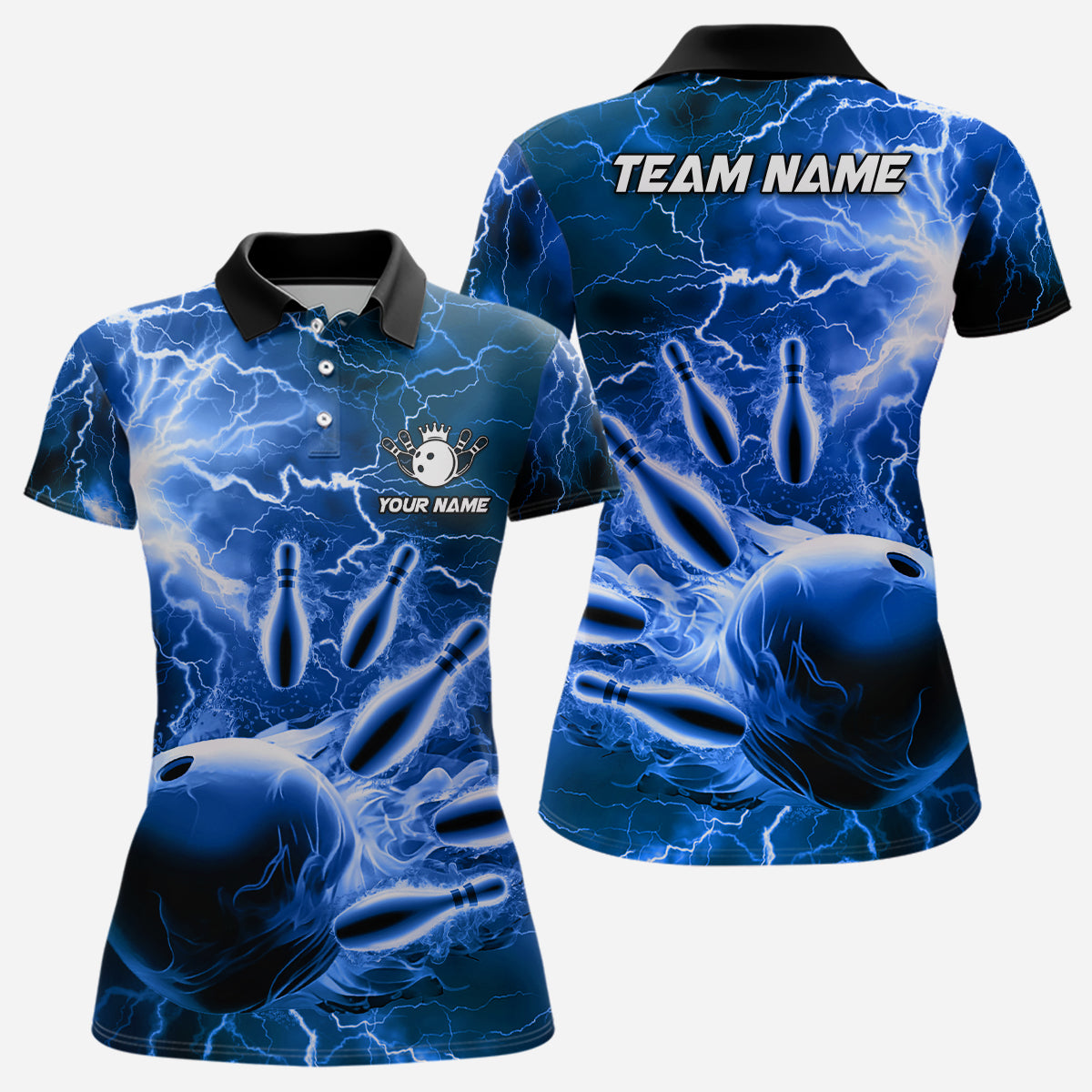 Damen-Bowling-Poloshirts – Individuelle Blaue Blitz-Donner Bowling-Team-Trikots, Geschenk für Team-Bowler NQS6582