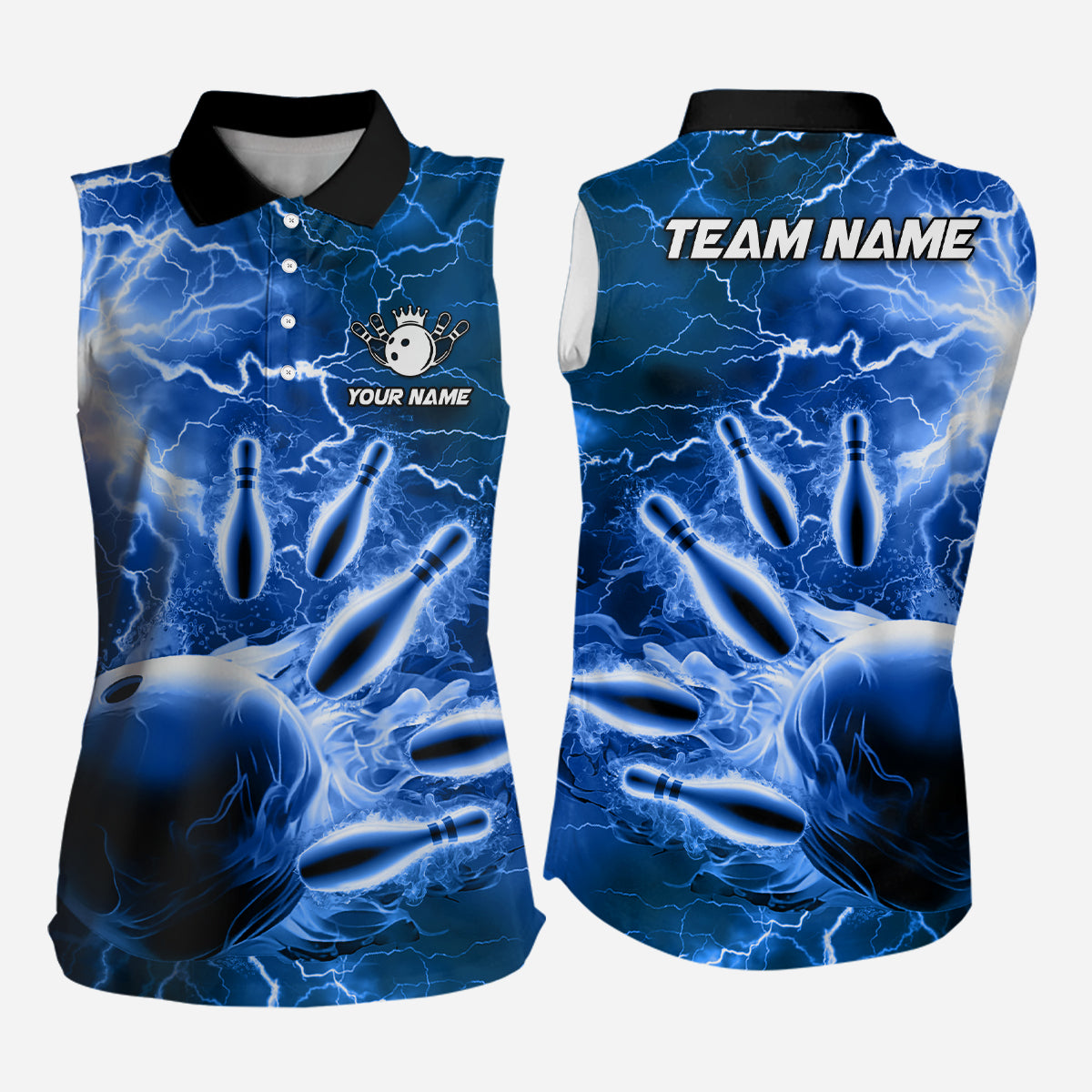 Damen-Ärmellose Bowling-Poloshirts – Individuelle Blaue Blitz-Donner Bowling-Team-Trikots NQS6582