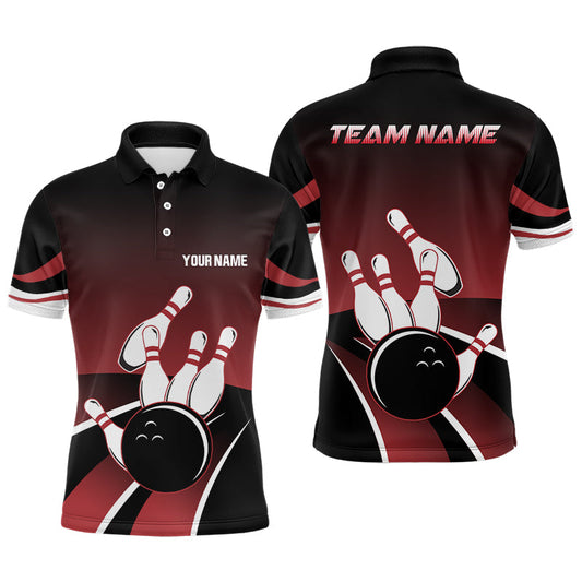 Rot-schwarze Herren-Bowling-Poloshirts – Individuelle Bowlingkugel & Pins Team-Trikots, Geschenk für Team-Bowler NQS6148