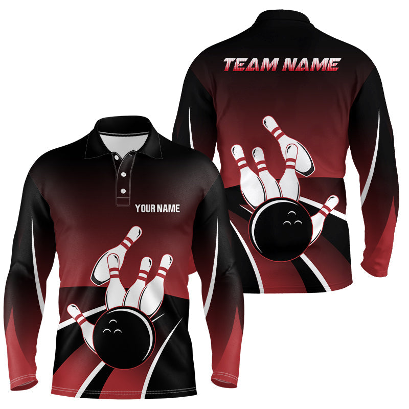 Rot-schwarze Herren-Bowling-Poloshirts – Individuelle Bowlingkugel & Pins Team-Trikots, Geschenk für Team-Bowler NQS6148