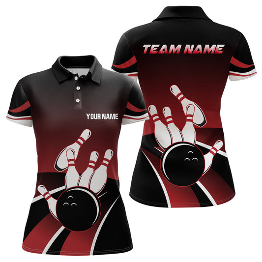 Rot-schwarze Damen-Bowling-Poloshirts – Individuelle Bowlingkugel & Pins Team-Trikots, Geschenk für Team-Bowler NQS6148