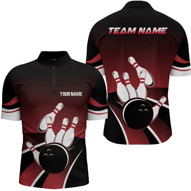 Rot-schwarze Herren-Bowling-Quarter-Zip-Shirts – Individuelle Bowlingkugel & Pins Team-Trikots, Geschenk für Team-Bowler NQS6148