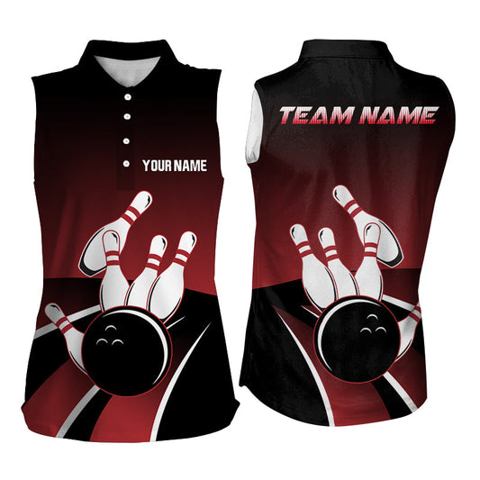 Rot-schwarze Damen-Ärmellose Poloshirts – Individuelle Bowlingkugel & Pins Team-Trikots, Geschenk für Team-Bowler NQS6148