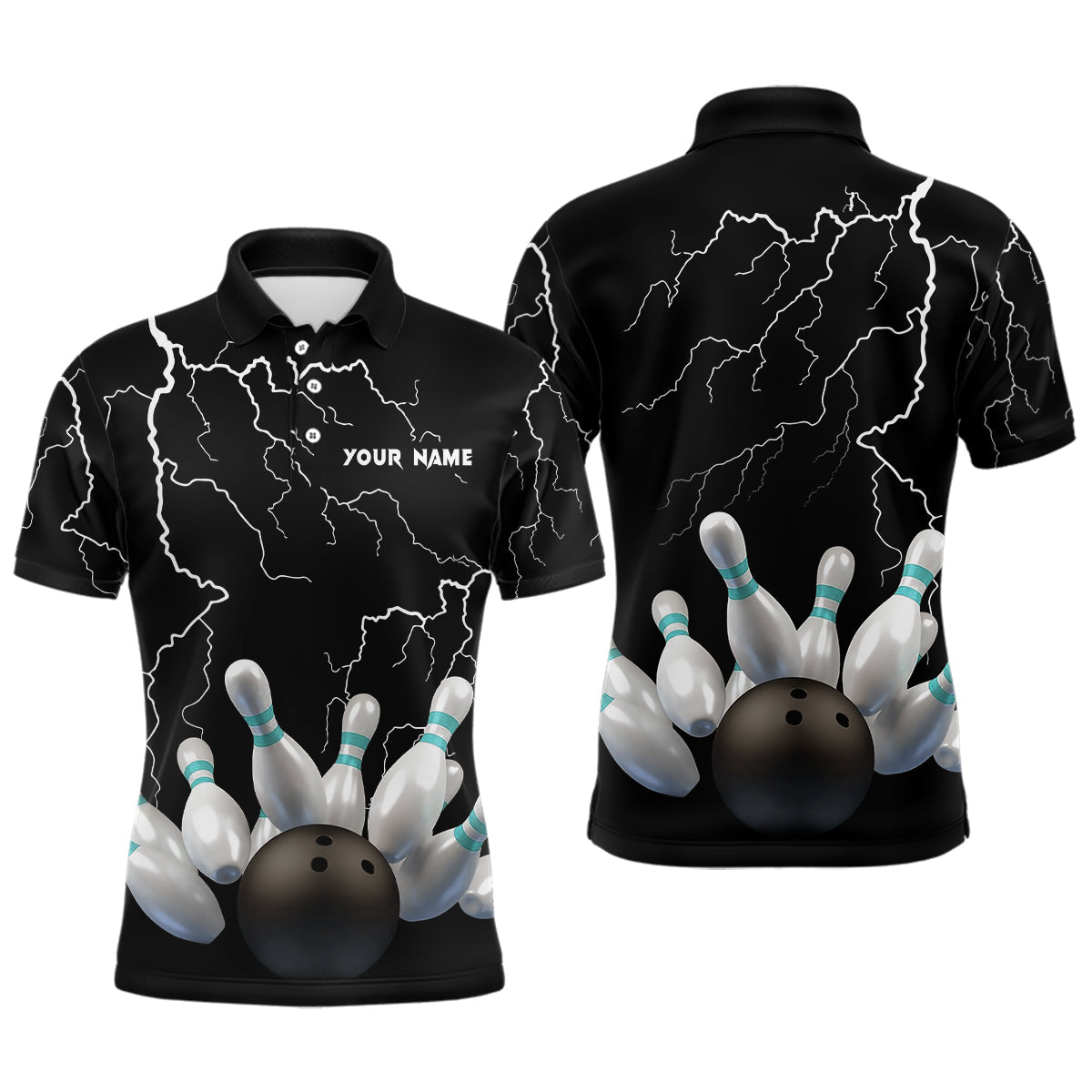 Schwarz-Blitz-Donner Herren-Bowling-Poloshirt – Bowlingkugel & Pins, Team-Trikots NQS6425