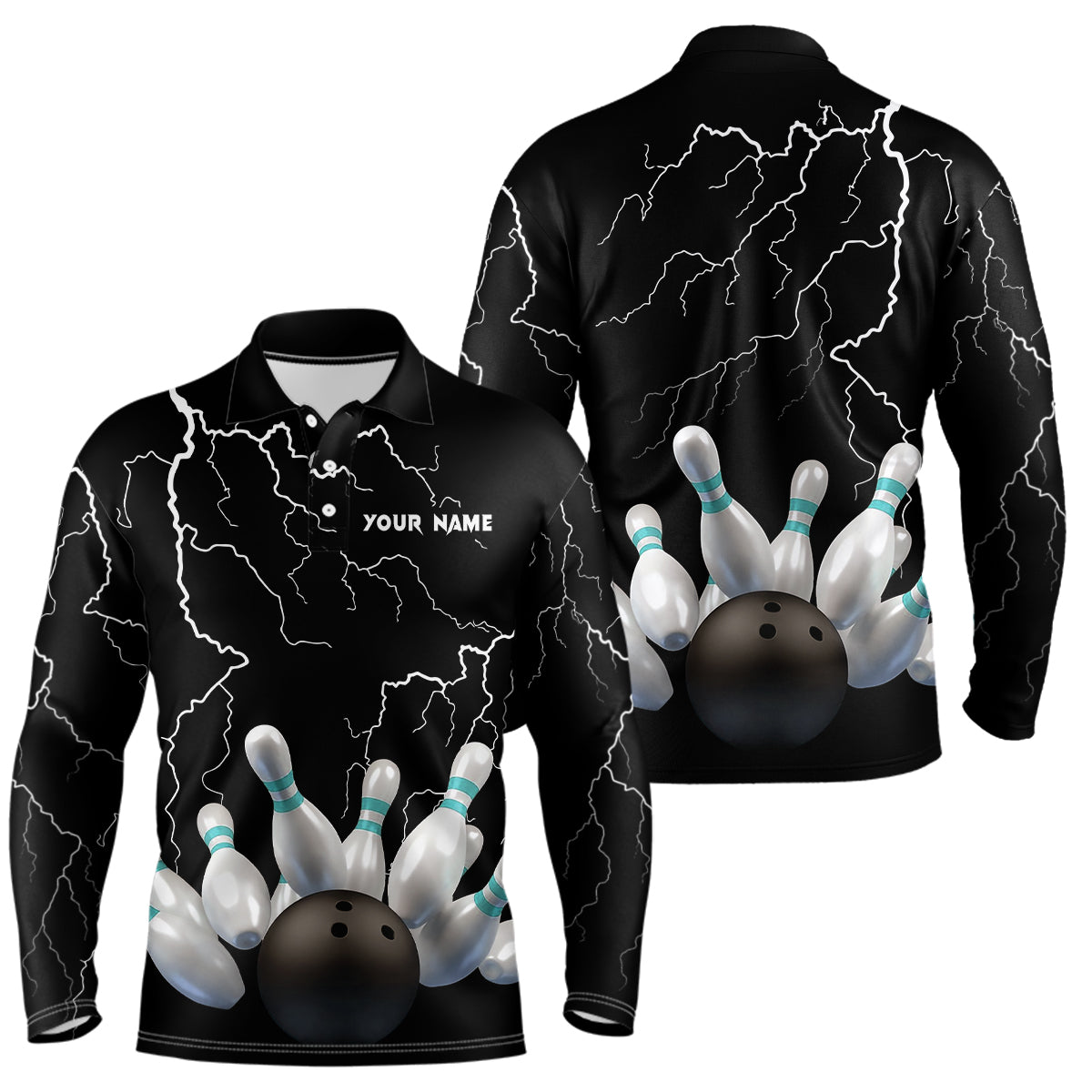 Schwarz-Blitz-Donner Herren-Bowling-Poloshirt – Bowlingkugel & Pins, Team-Trikots NQS6425