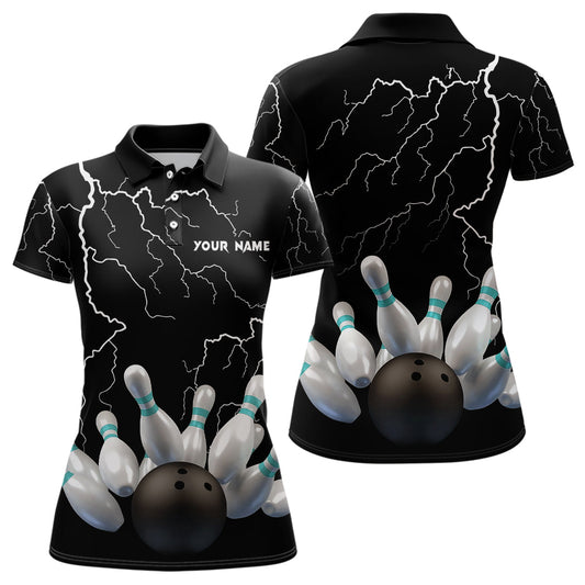 Schwarz-Blitz-Donner Damen-Bowling-Poloshirts – Bowlingkugel & Pins, Team-Trikots NQS6425