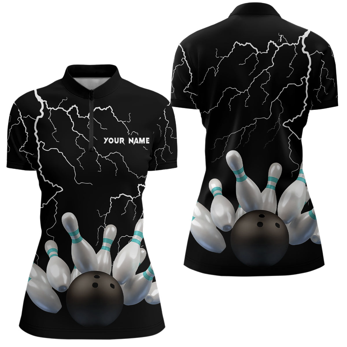 Schwarz-Blitz-Donner Damen-Bowling-Quarter-Zip-Shirts – Bowlingkugel & Pins, Team-Trikots NQS6425