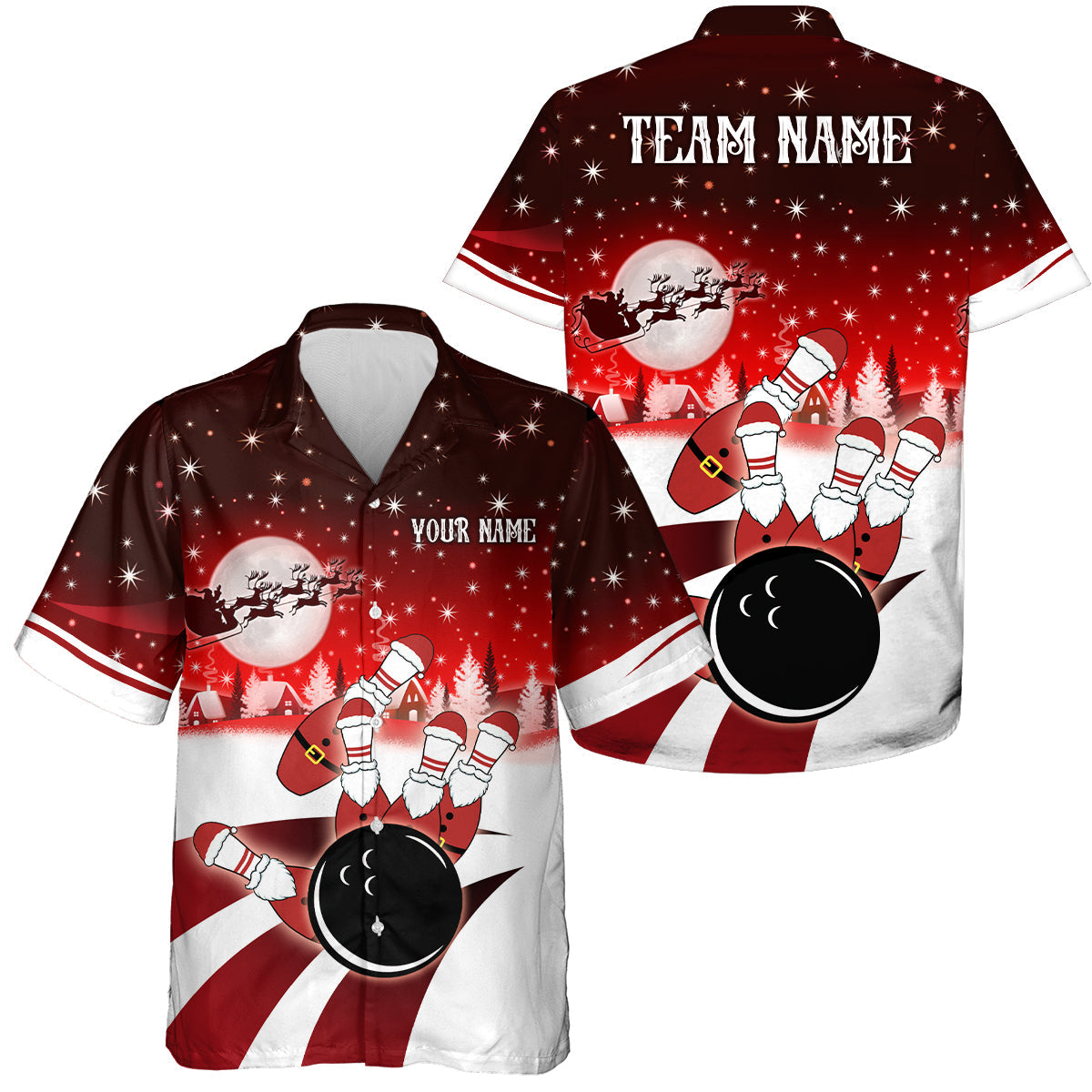 Bowling-Hawaiian-Shirts – Individuelle Weihnachts-Santa Bowlingkugel & Pins Team-Button-Up-Shirts | Rot NQS6666