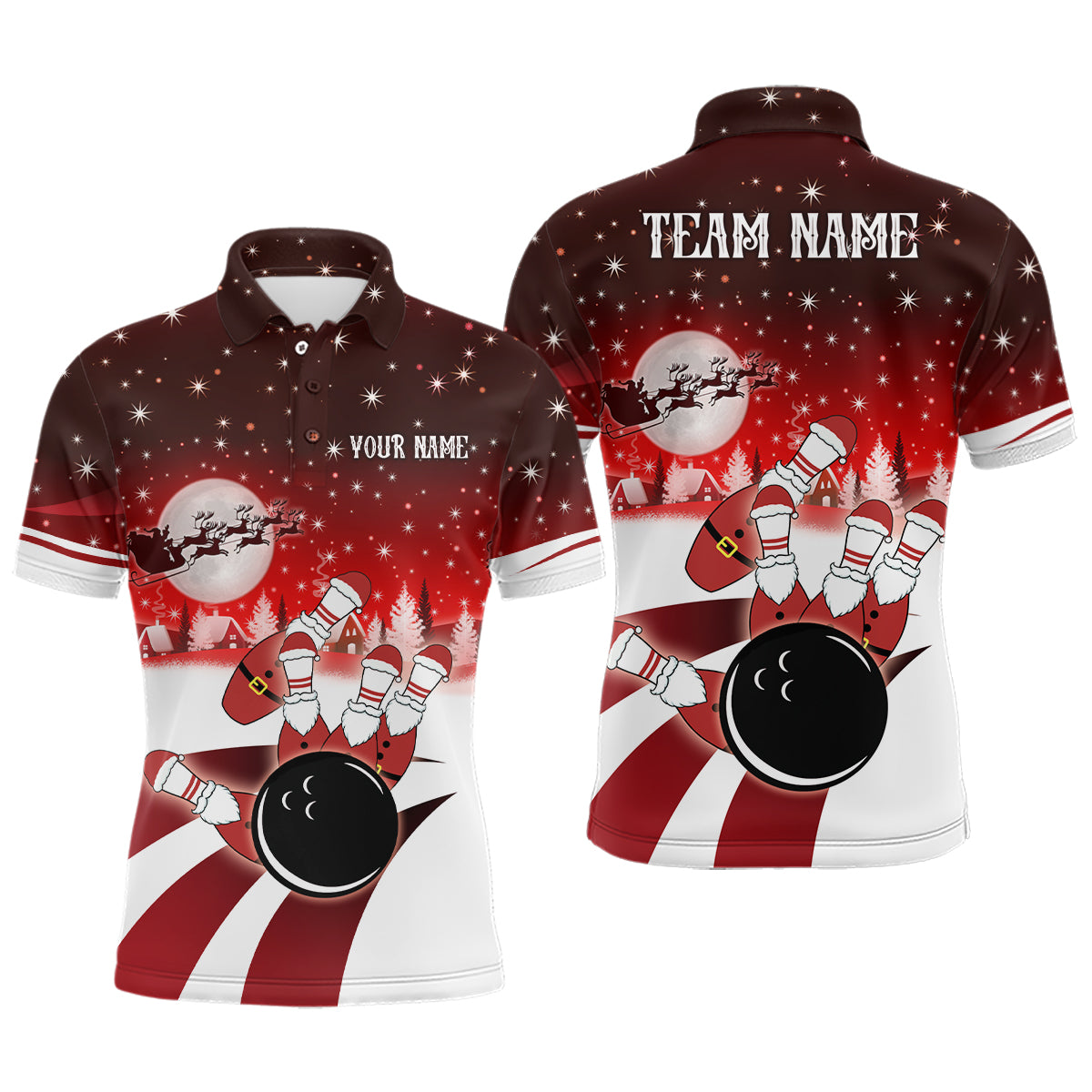 Herren-Bowling-Poloshirts – Individuelle Weihnachts-Santa Bowlingkugel & Pins Team-Trikots für Herren | Rot NQS6666