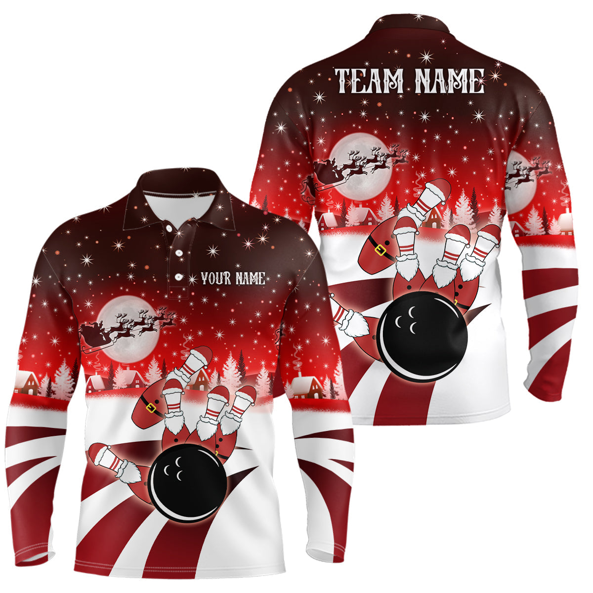 Herren-Bowling-Poloshirts – Individuelle Weihnachts-Santa Bowlingkugel & Pins Team-Trikots für Herren | Rot NQS6666