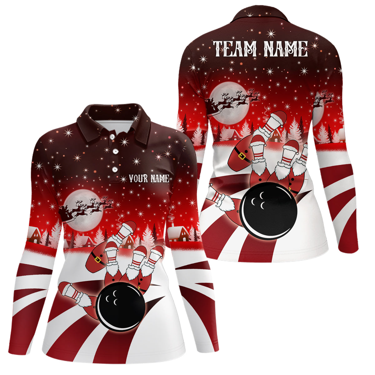 Damen-Bowling-Poloshirts – Individuelle Weihnachts-Santa Bowlingkugel & Pins Team-Trikots für Damen | Rot NQS6666