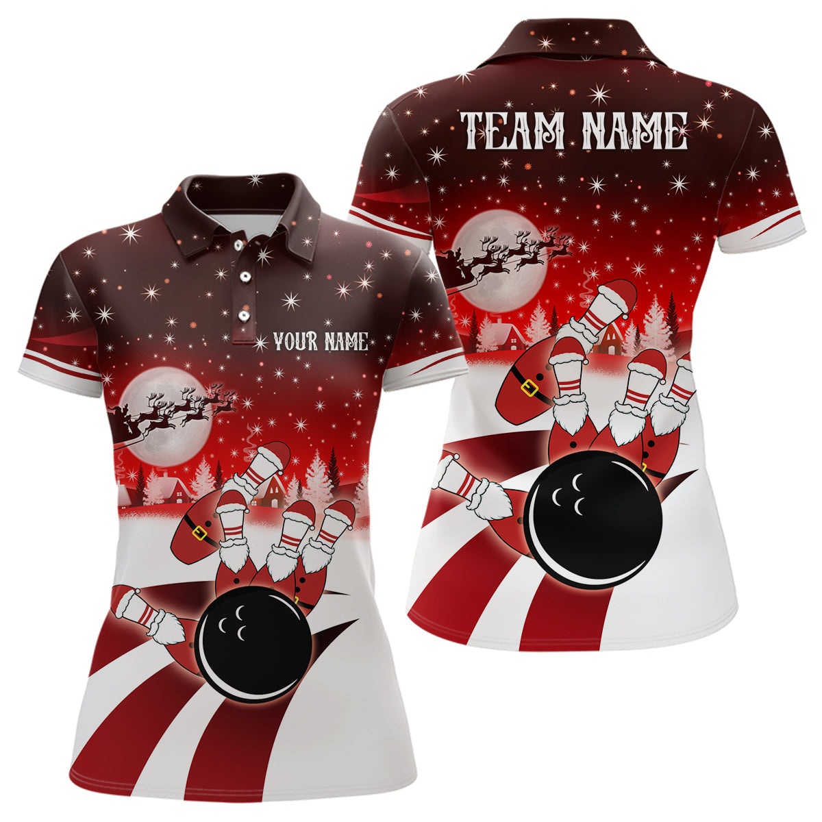 Damen-Bowling-Poloshirts – Individuelle Weihnachts-Santa Bowlingkugel & Pins Team-Trikots für Damen | Rot NQS6666