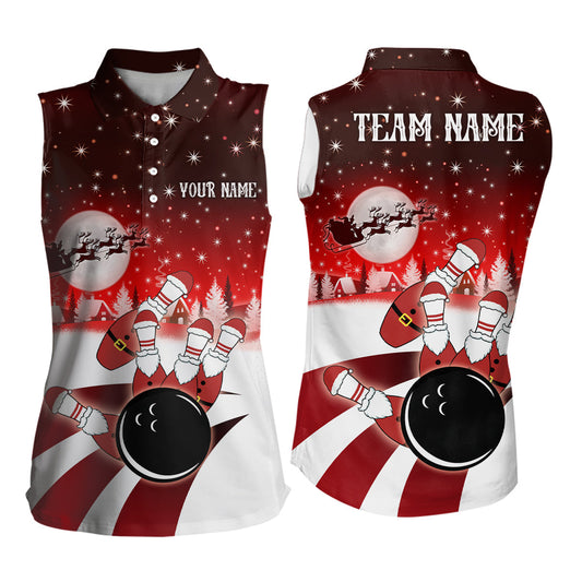 Damen-Ärmellose Bowling-Poloshirts – Individuelle Weihnachts-Santa Bowlingkugel & Pins Team-Trikots für Damen | Rot NQS6666