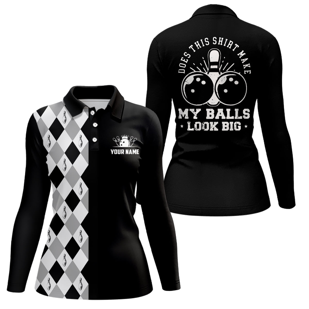 Lustige Schwarze Retro-Bowling-Poloshirts für Damen – Individuell Does this shirt make my balls look big NQS6692