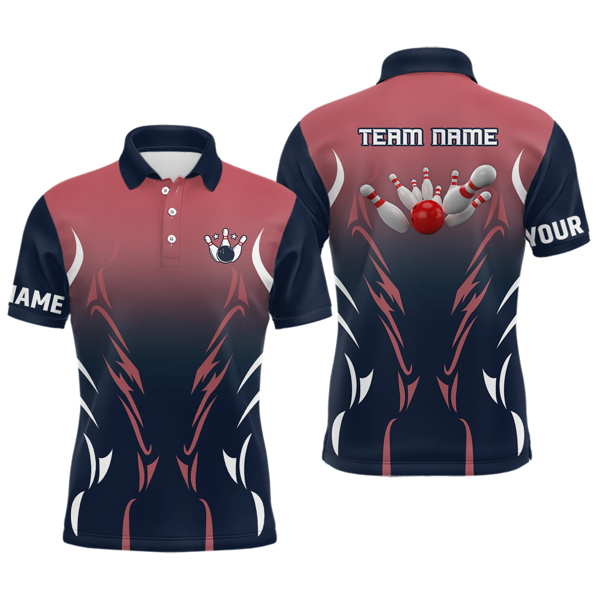 Herren-Bowling-Poloshirts – Individuelle marineblaue und rote Retro-Bowling-Team-Shirts, individuelle Bowling-Trikots NQS6228