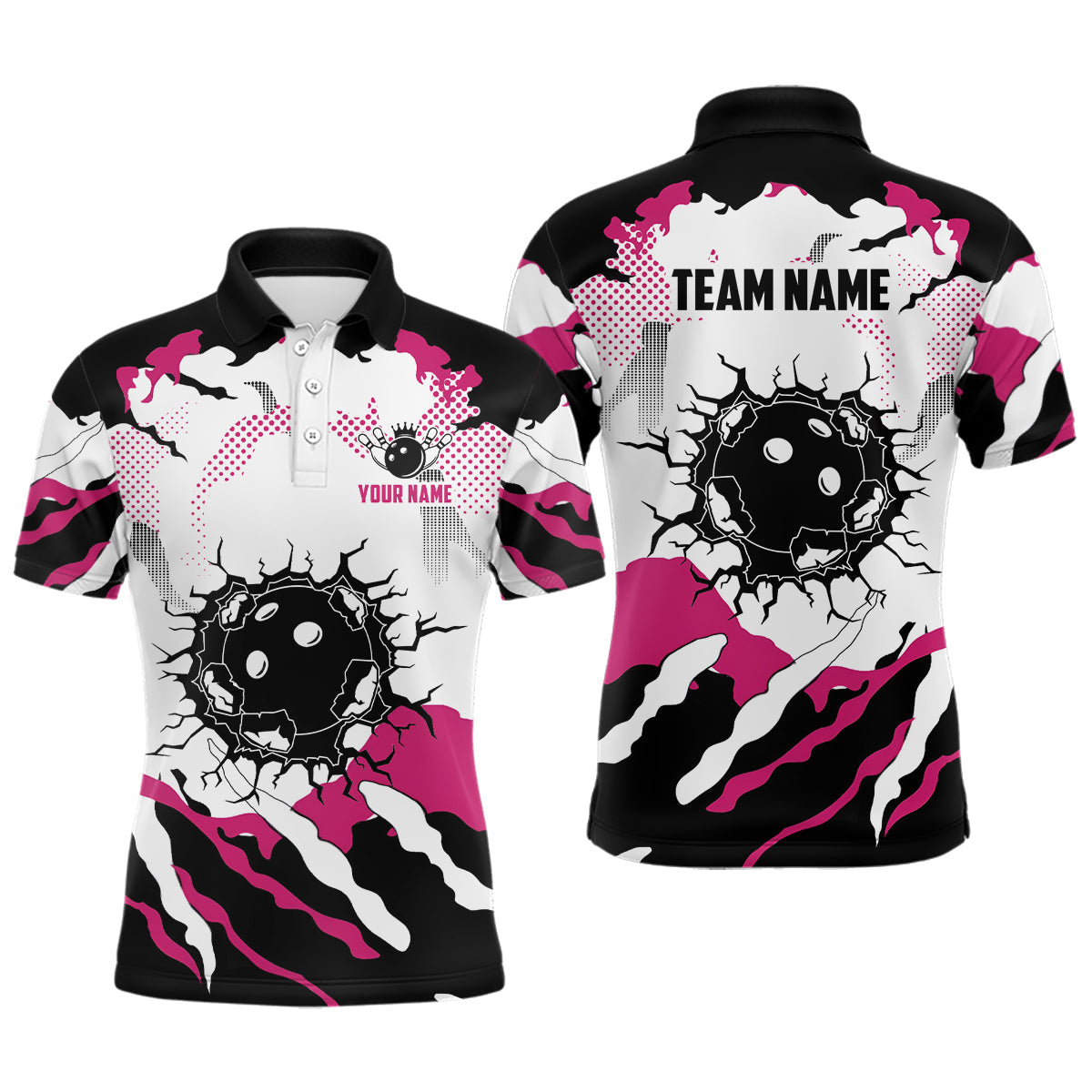 Personalisierte Pink-Weiße Camo-Bowling-Poloshirts für Herren – Individuelles Team-Bowling-Shirt für Herren NQS6713