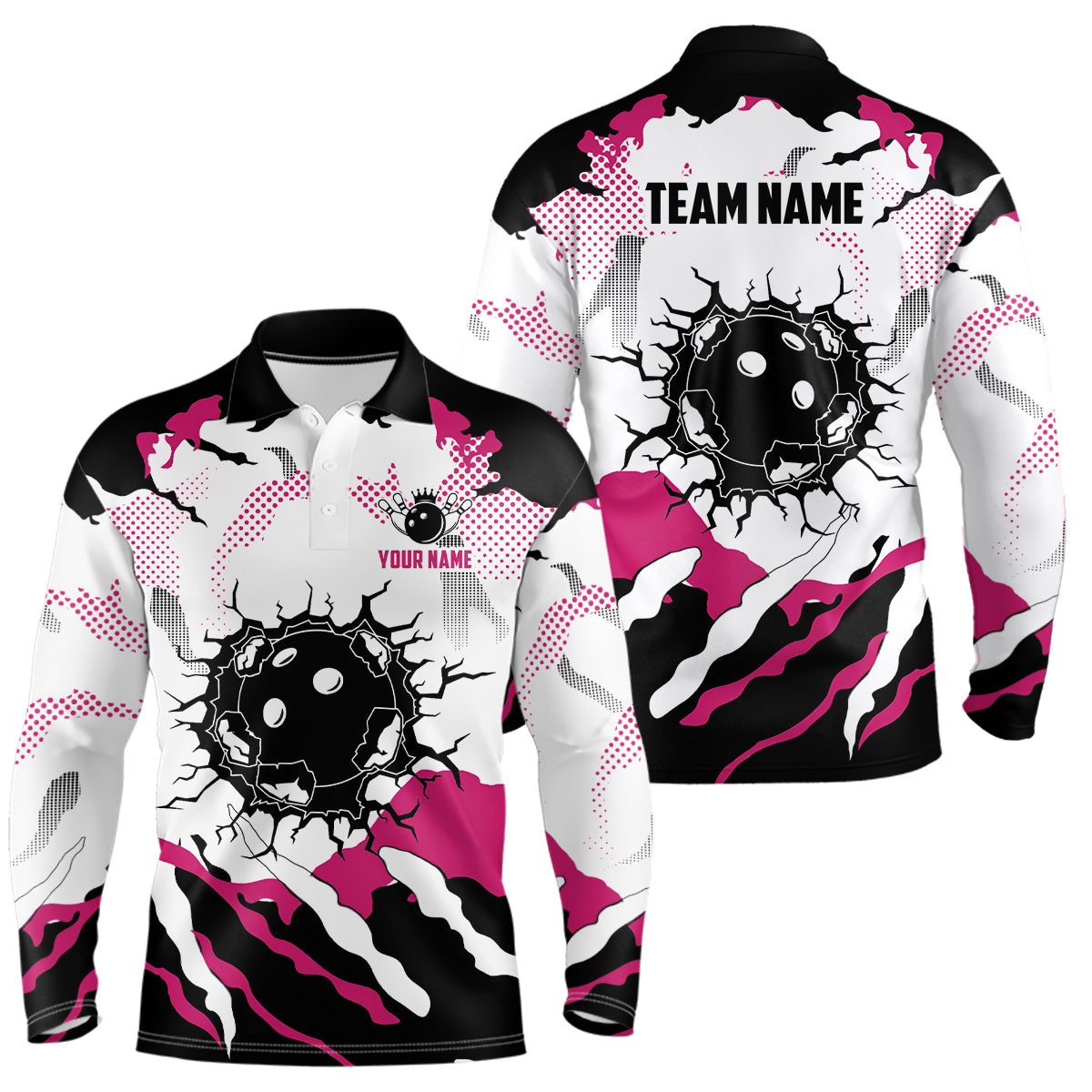 Personalisierte Pink-Weiße Camo-Bowling-Poloshirts für Herren – Individuelles Team-Bowling-Shirt für Herren NQS6713