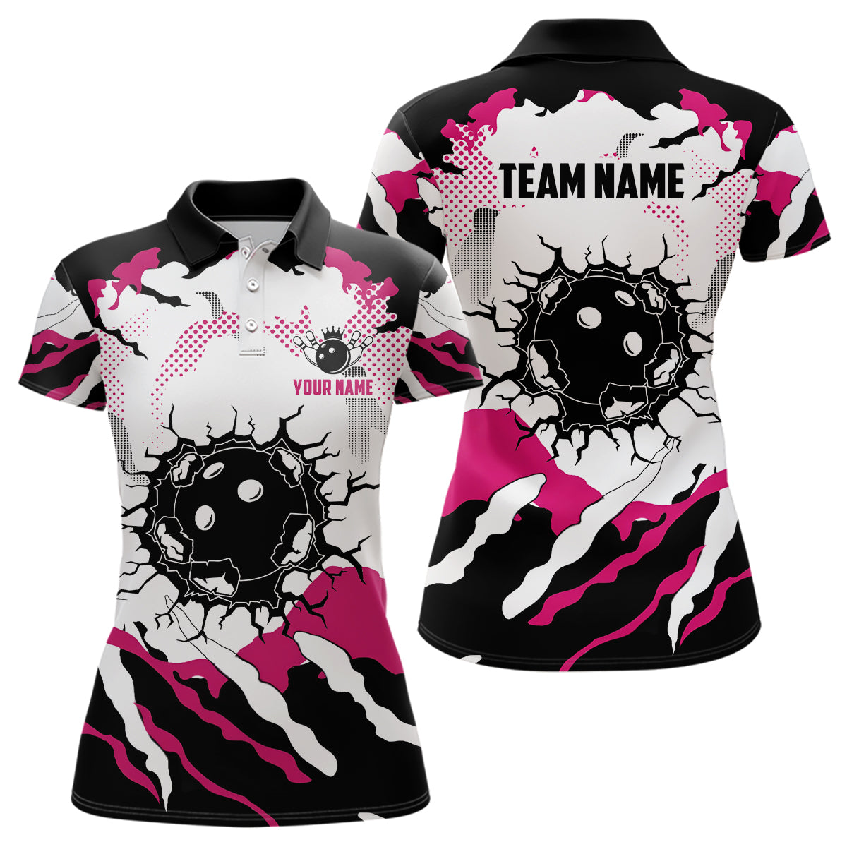 Personalisierte Pink-Weiße Camo-Bowling-Poloshirts für Damen – Individuelle Team-Bowling-Shirts für Damen NQS6713