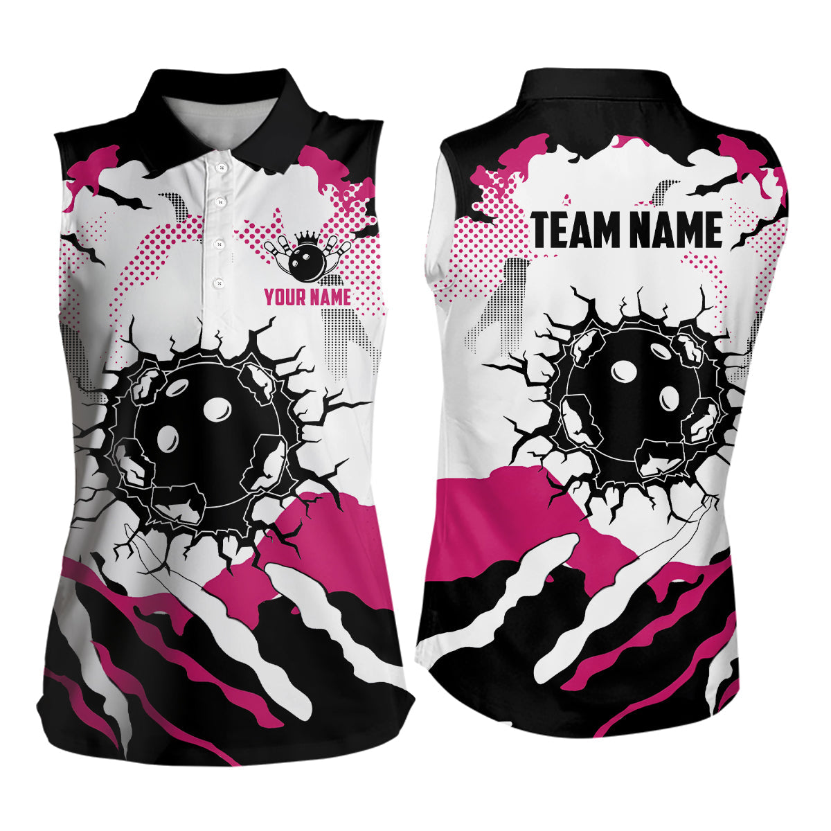 Personalisierte Pink-Weiße Camo-Ärmellose Bowling-Poloshirts für Damen – Individuelles Team-Bowling-Shirt für Damen NQS6713