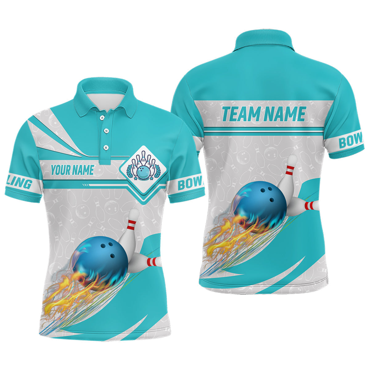 Cyan-Blaue Bowling-Poloshirts für Herren – Individuelles Camo-Flammen-Bowlingkugel-Pins Team-Liga-Trikot NQS6733