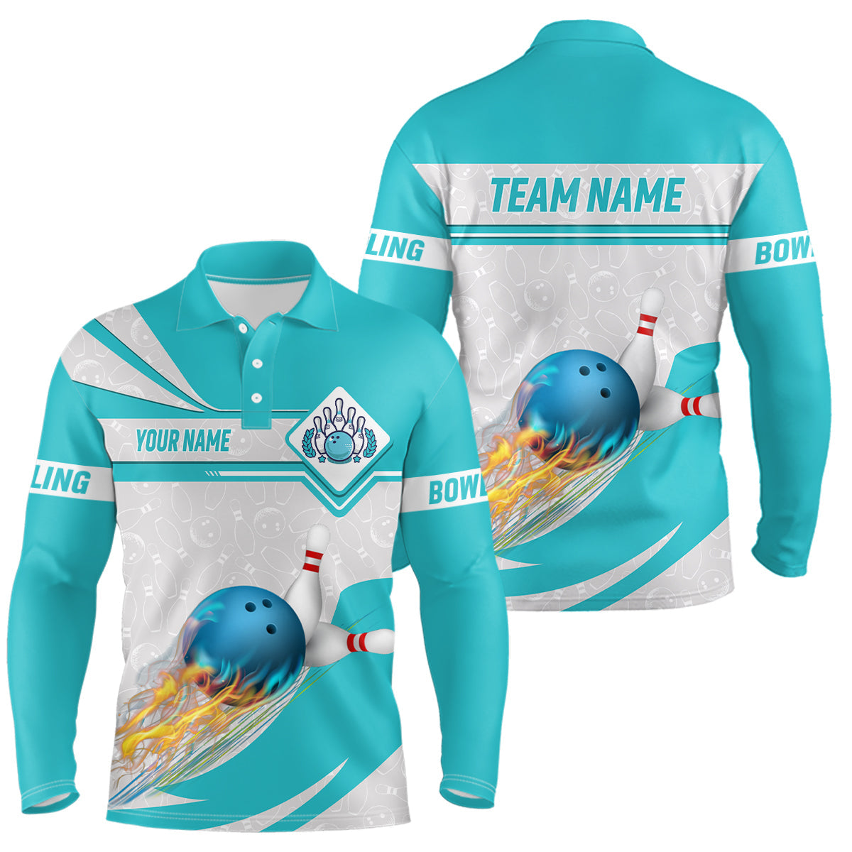 Cyan-Blaue Bowling-Poloshirts für Herren – Individuelles Camo-Flammen-Bowlingkugel-Pins Team-Liga-Trikot NQS6733