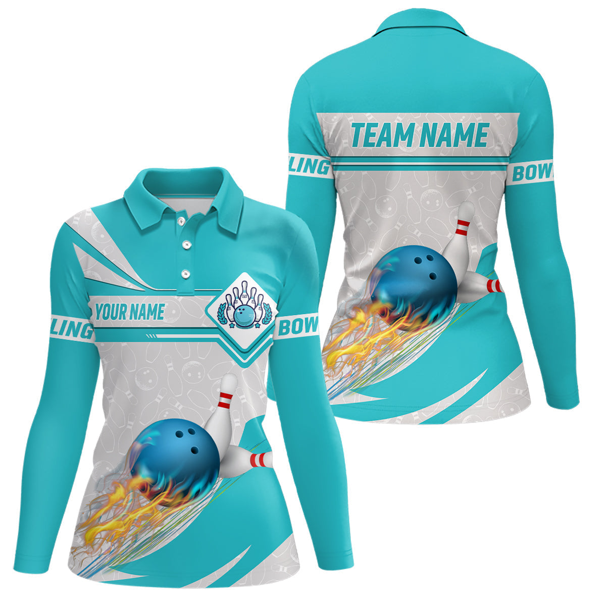 Cyan-Blaue Bowling-Poloshirts für Damen – Individuelles Camo-Flammen-Bowlingkugel & Pins Team-Liga-Trikot NQS6733