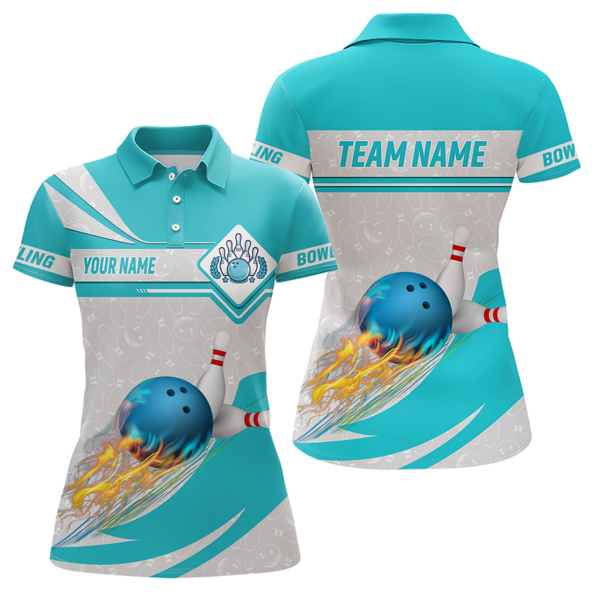 Cyan-Blaue Bowling-Poloshirts für Damen – Individuelles Camo-Flammen-Bowlingkugel & Pins Team-Liga-Trikot NQS6733