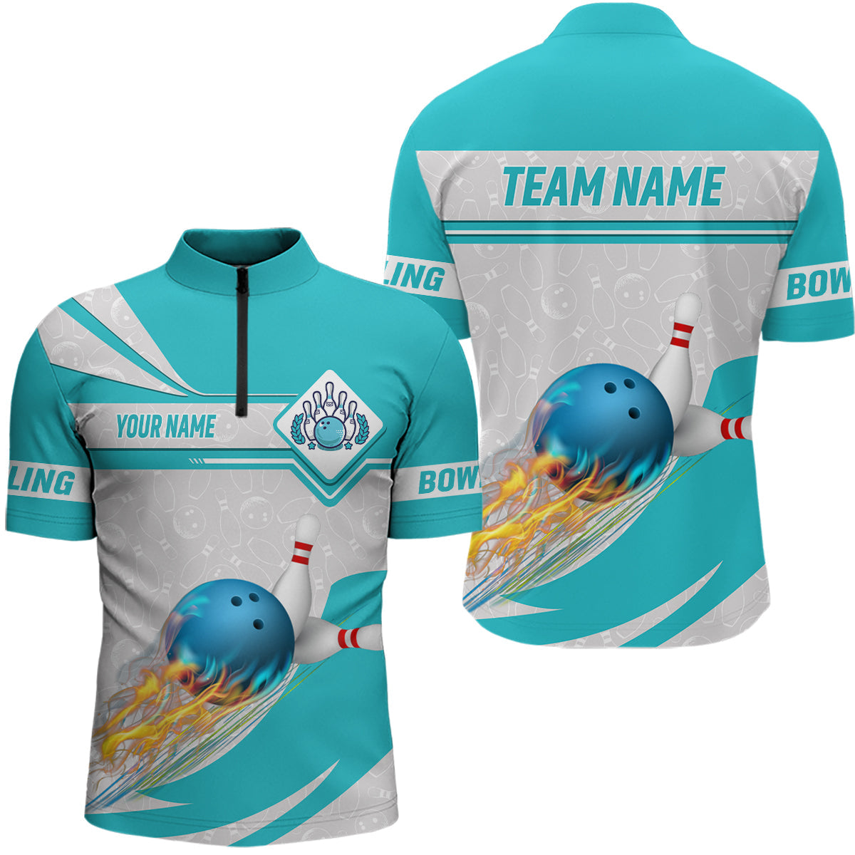 Cyan-Blaue Bowling-Quarter-Zip-Shirts für Herren – Individuelles Camo-Flammen-Bowlingkugel & Pins Team-Liga-Trikot NQS6733