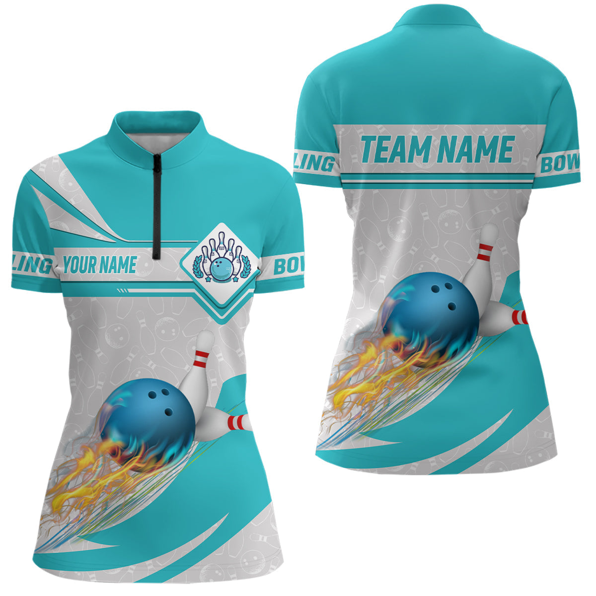 Cyan-Blaue Bowling-Quarter-Zip-Shirts für Damen – Individuelles Camo-Flammen-Bowlingkugel & Pins Team-Liga-Trikot NQS6733