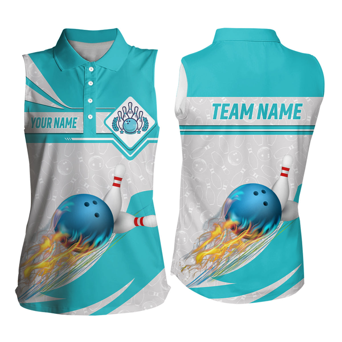 Cyan-Blaue Ärmellose Bowling-Poloshirts für Damen – Individuelles Camo-Flammen-Bowlingkugel & Pins Team-Liga-Trikot NQS6733