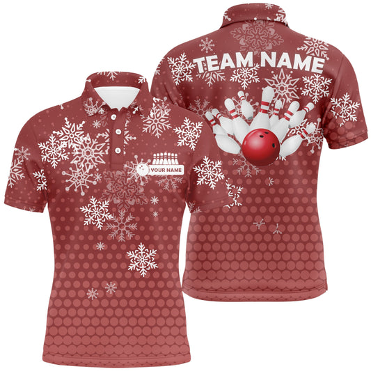 Herren-Bowling-Poloshirts – Individuelle Weihnachts-Schneeflocken-Bowlingkugel & Pins Team-Trikots für Damen | Rot NQS6616