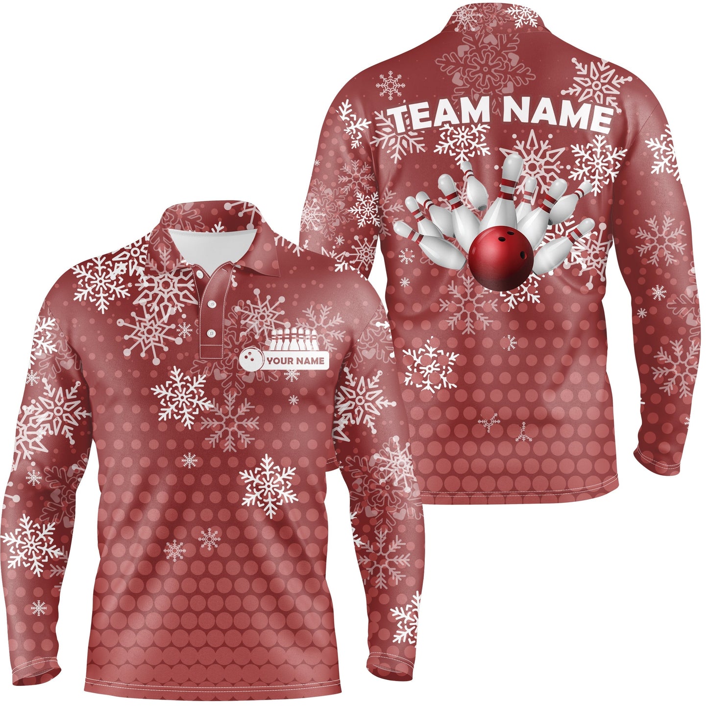 Herren-Bowling-Poloshirts – Individuelle Weihnachts-Schneeflocken-Bowlingkugel & Pins Team-Trikots für Damen | Rot NQS6616