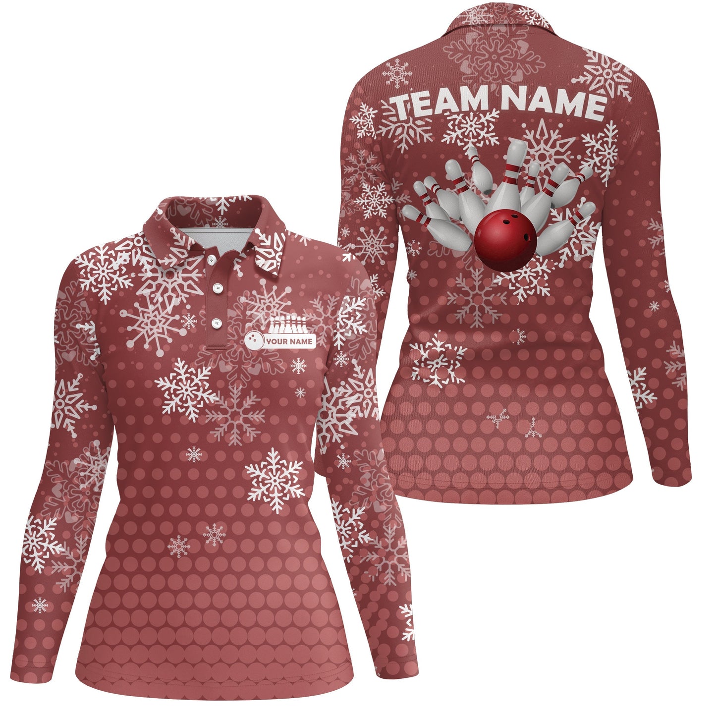 Damen-Bowling-Poloshirts – Individuelle Weihnachts-Schneeflocken-Bowlingkugel & Pins Team-Trikots für Damen | Rot NQS6616