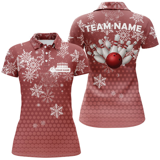 Damen-Bowling-Poloshirts – Individuelle Weihnachts-Schneeflocken-Bowlingkugel & Pins Team-Trikots für Damen | Rot NQS6616