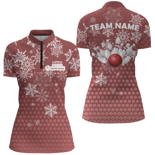 Damen-Bowling-Quarter-Zip-Shirts – Individuelle Weihnachts-Schneeflocken-Bowlingkugel & Pins Team-Trikots für Damen | Rot NQS6616