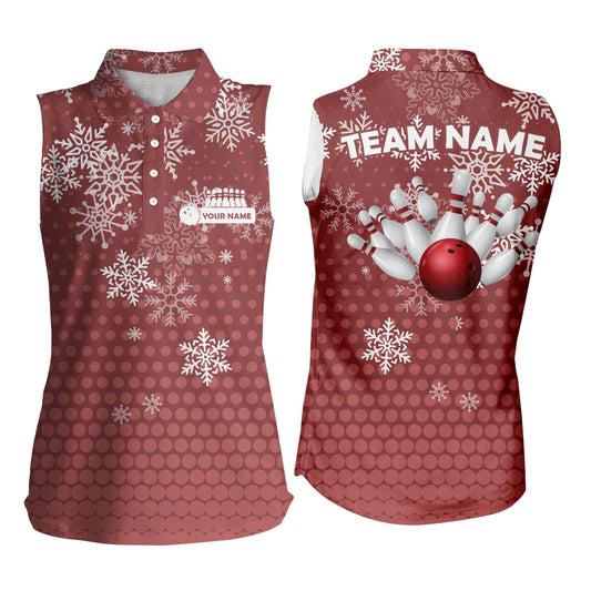 Damen-Ärmellose Bowling-Poloshirts – Individuelle Weihnachts-Schneeflocken-Bowlingkugel & Pins Team-Trikots für Damen | Rot NQS6616