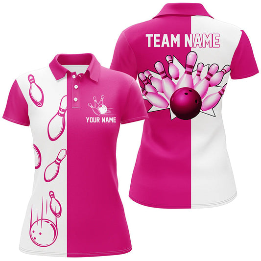 Rosa und weiße Retro-Vintage-Bowling-Poloshirts für Damen – Individuelle Bowling-Team-Trikots NQS6655