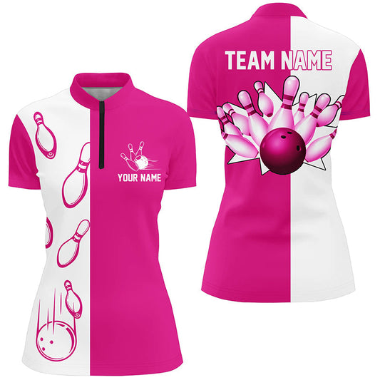 Rosa und weiße Retro-Vintage-Bowling-Quarter-Zip-Shirts für Damen – Individuelle Bowling-Team-Trikots NQS6655