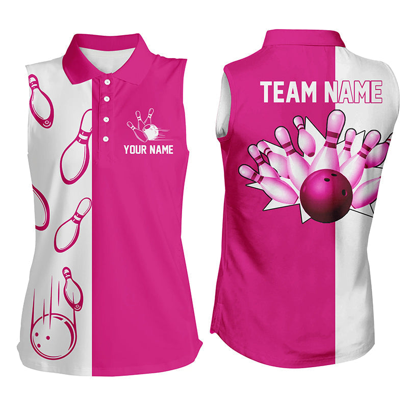 Rosa und weiße Retro-Vintage-Ärmellose Bowling-Poloshirts für Damen – Individuelle Bowling-Team-Trikots NQS6655